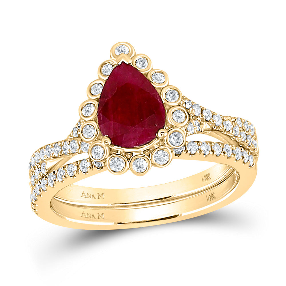 Gold Solitaire Bridal Wedding Ring Band Set 1-7/8 Cttw Pear Ruby Womens