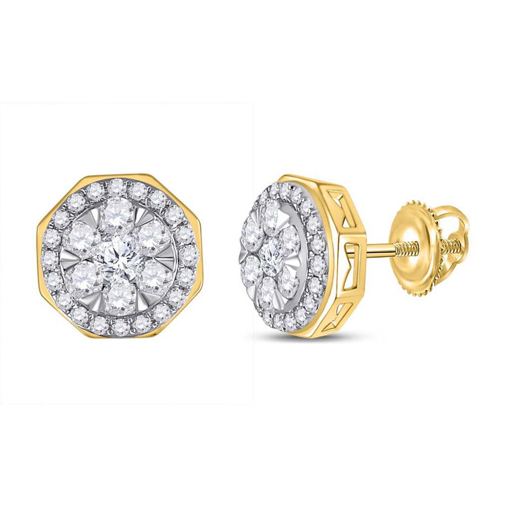 14kt Yellow Gold Round Diamond Octagon Cluster Earrings 1 Cttw