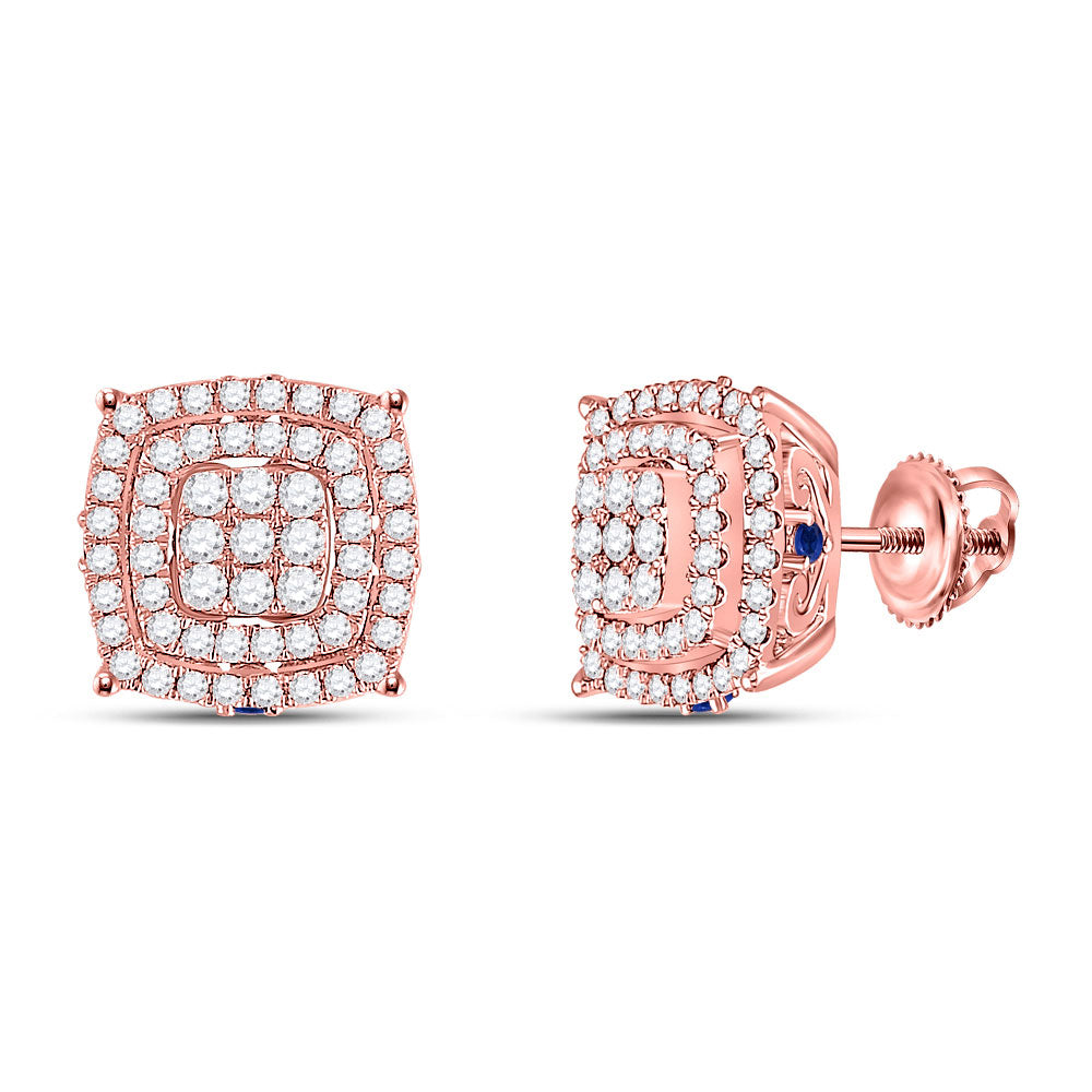 14kt Rose Gold Womens Round Diamond Blue Sapphire Square Earrings 7/8 Cttw