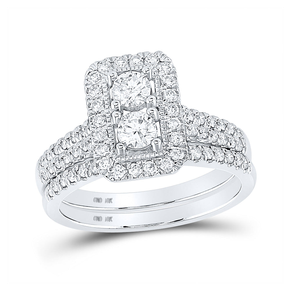 10kt White Gold Round Diamond 2-Stone Bridal Wedding Ring Band Set 1 Cttw