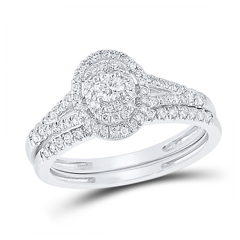 10kt White Gold Round Diamond Oval Bridal Wedding Ring Band Set 1/2 Cttw