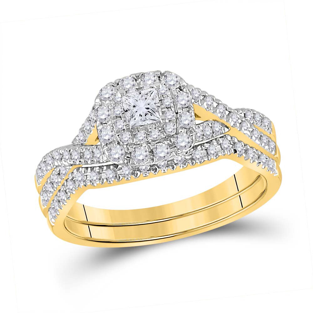 14kt Yellow Gold Princess Diamond Bridal Wedding Ring Band Set 1/2 Cttw