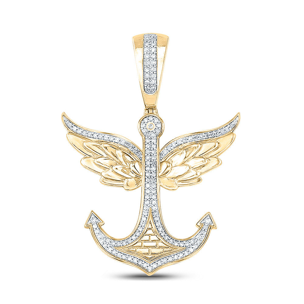 10kt Yellow Gold Mens Round Diamond Anchor Wings Charm Pendant 1/3 Cttw