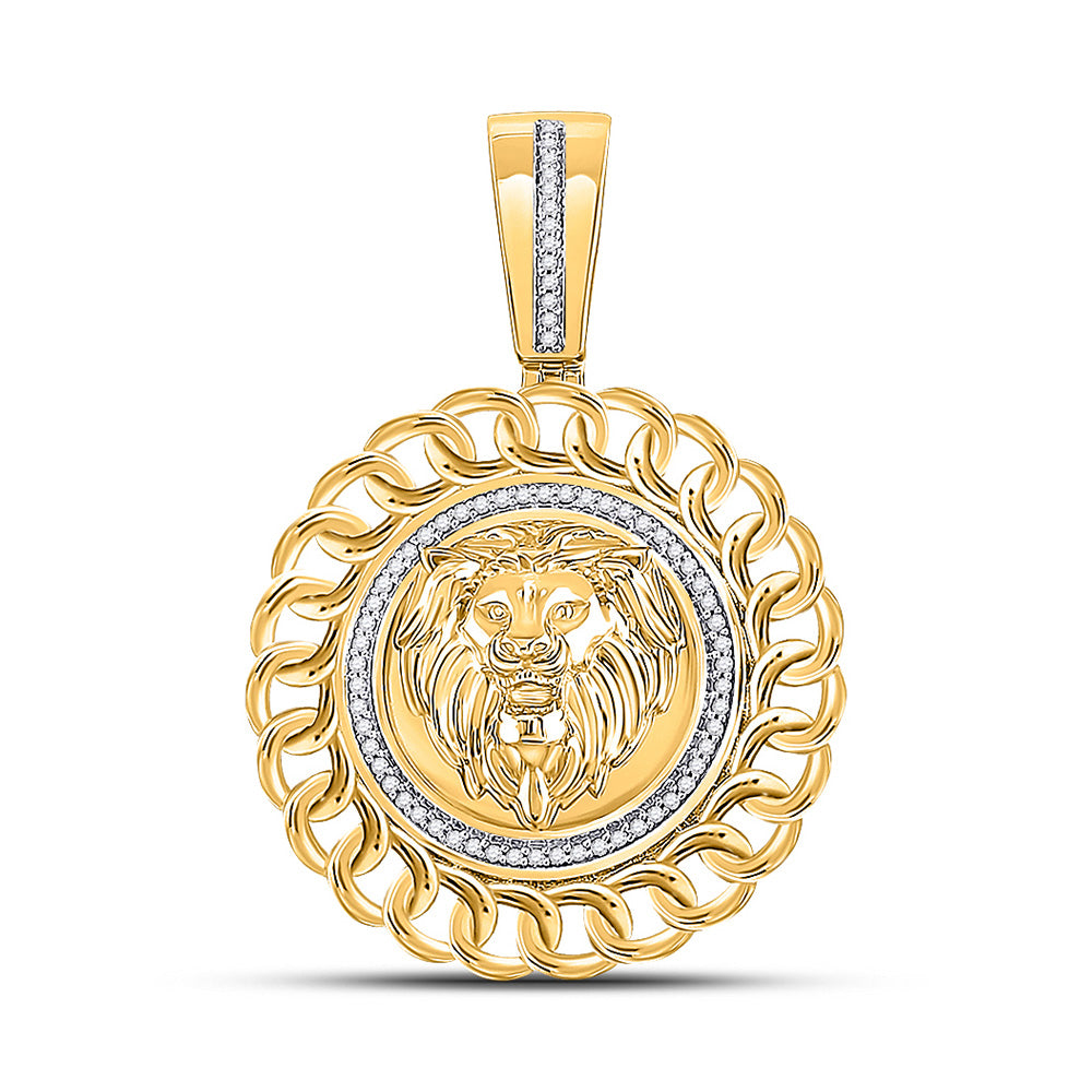 10kt Yellow Gold Mens Round Diamond Lion Head Circle Charm Pendant 1/5 Cttw