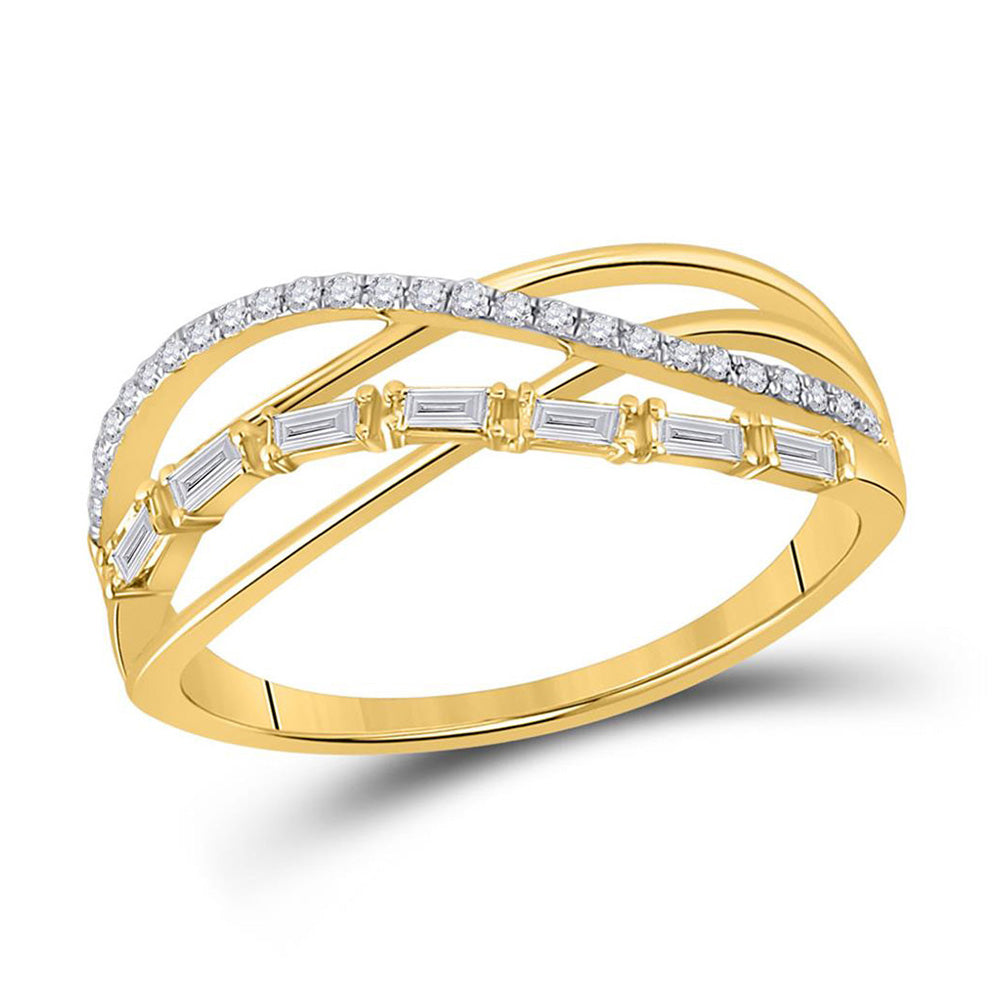 14kt Yellow Gold Womens Baguette Round Diamond Crossover Band Ring 1/4 Cttw