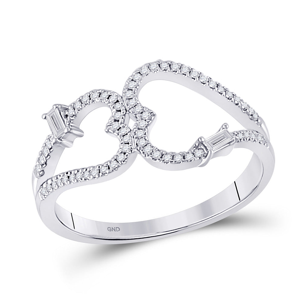 14kt White Gold Womens Round Diamond Double Heart Ring 1/5 Cttw
