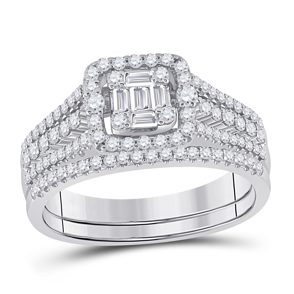 14kt White Gold Baguette Diamond Cluster Bridal Wedding Engagement Ring 7/8 Cttw