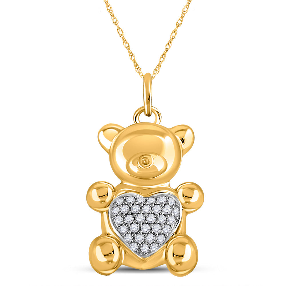 10kt Yellow Gold Womens Round Diamond Bear Heart Animal Pendant 1/10 Cttw