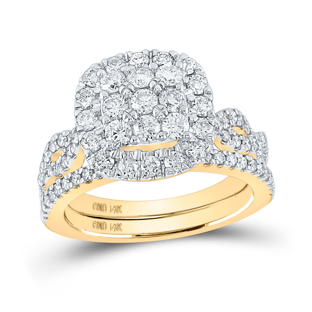 14kt Yellow Gold Round Diamond Cluster Bridal Wedding Ring Band Set 1-1/2 Cttw