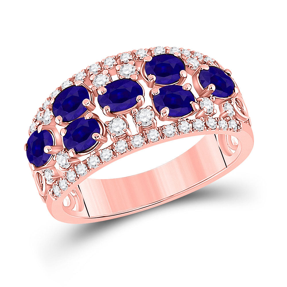 14kt Rose Gold Womens Oval Blue Sapphire Diamond Band Ring 1-7/8 Cttw