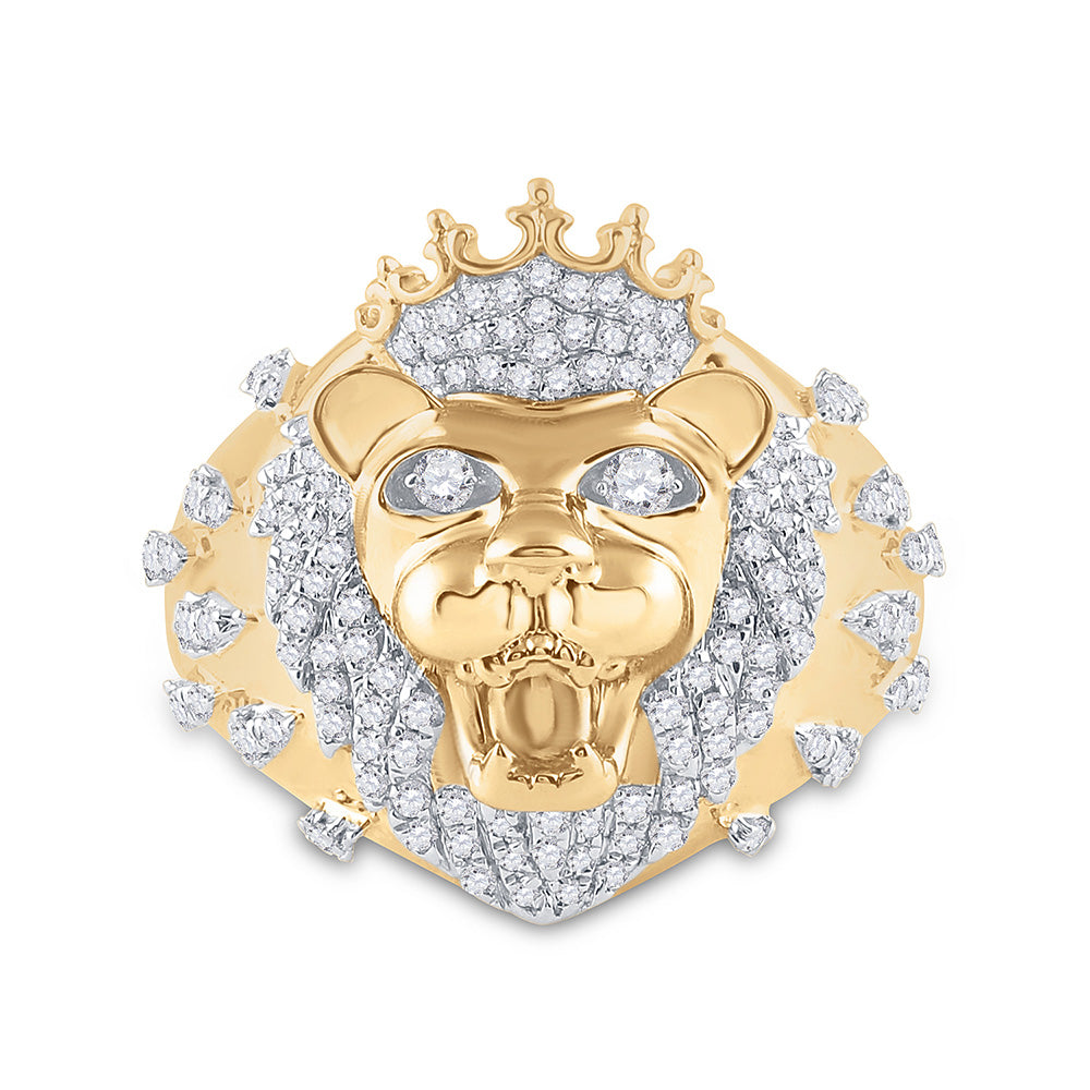 10kt Yellow Gold Mens Round Diamond Lion Head Crown Animal Ring 7/8 Cttw
