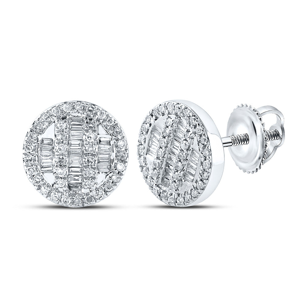 10kt White Gold Baguette Diamond Circle Cluster Earrings 1/3 Cttw