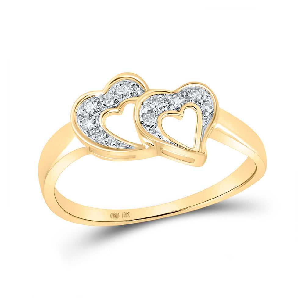 10kt Yellow Gold Womens Round Diamond Double Heart Ring 1/20 Cttw