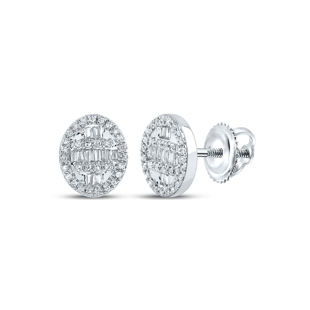 10kt White Gold Baguette Diamond Oval Cluster Earrings 1/3 Cttw