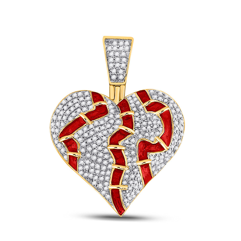 10kt Yellow Gold Mens Round Diamond Broken Stitched Heart Charm Pendant 3/4 Cttw
