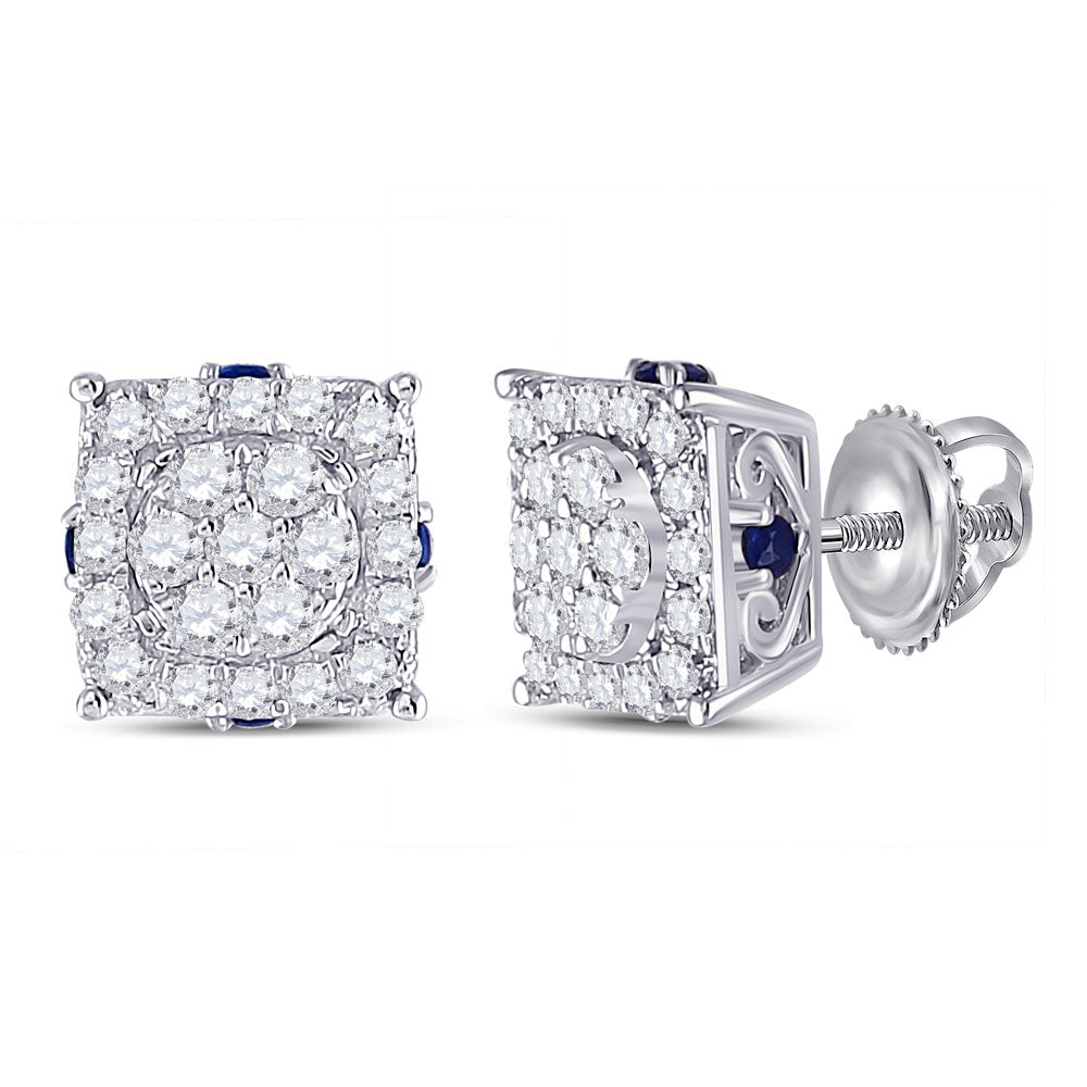 14kt White Gold Womens Round Diamond Blue Sapphire Cluster Earrings 1/2 Cttw