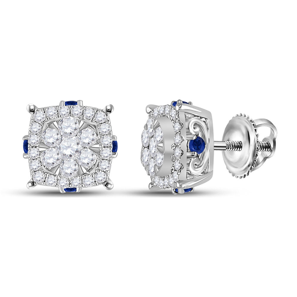 14kt White Gold Womens Round Diamond Blue Sapphire Cluster Earrings 5/8 Cttw