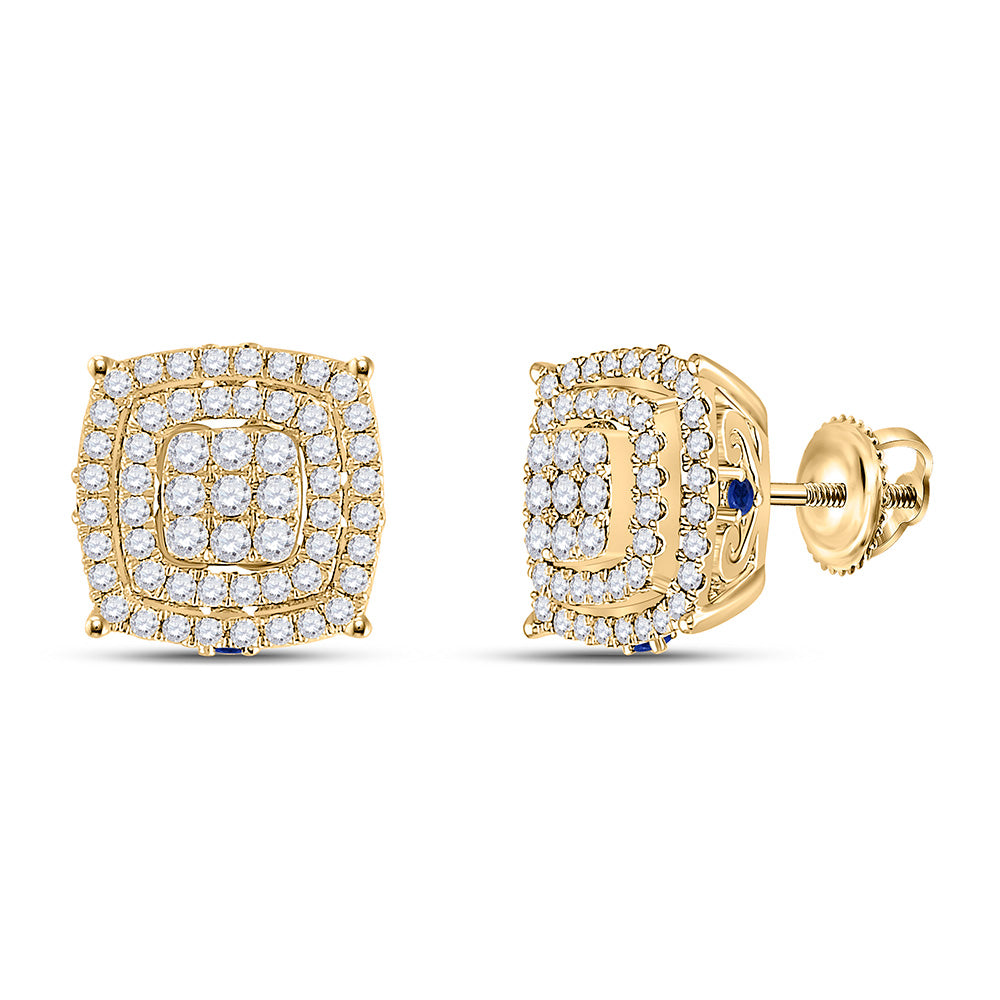 14kt Yellow Gold Womens Round Diamond Blue Sapphire Square Earrings 7/8 Cttw