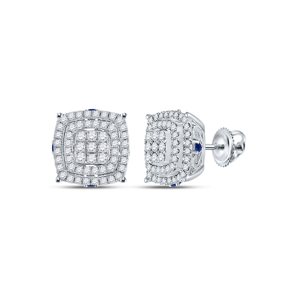 14kt White Gold Womens Round Diamond Blue Sapphire Square Earrings 7/8 Cttw
