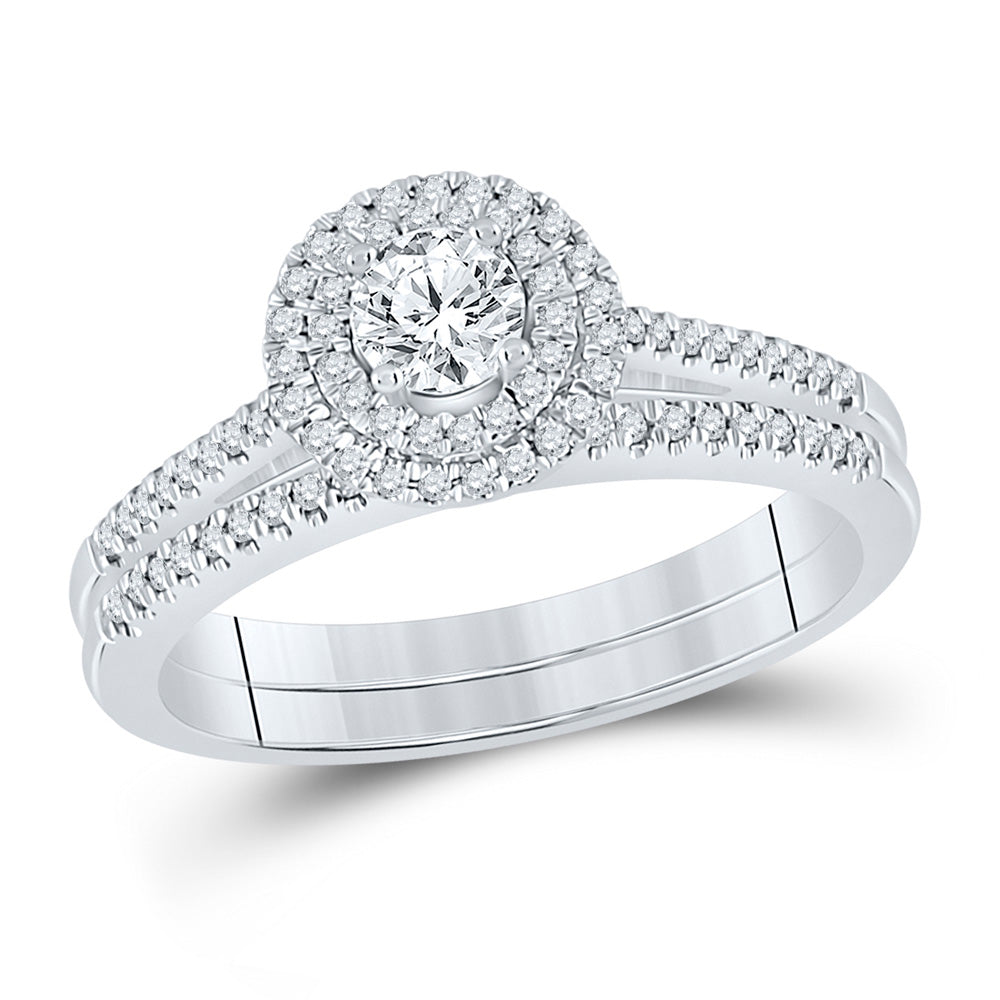 14kt White Gold Round Diamond Halo Bridal Wedding Ring Band Set 1/2 Cttw