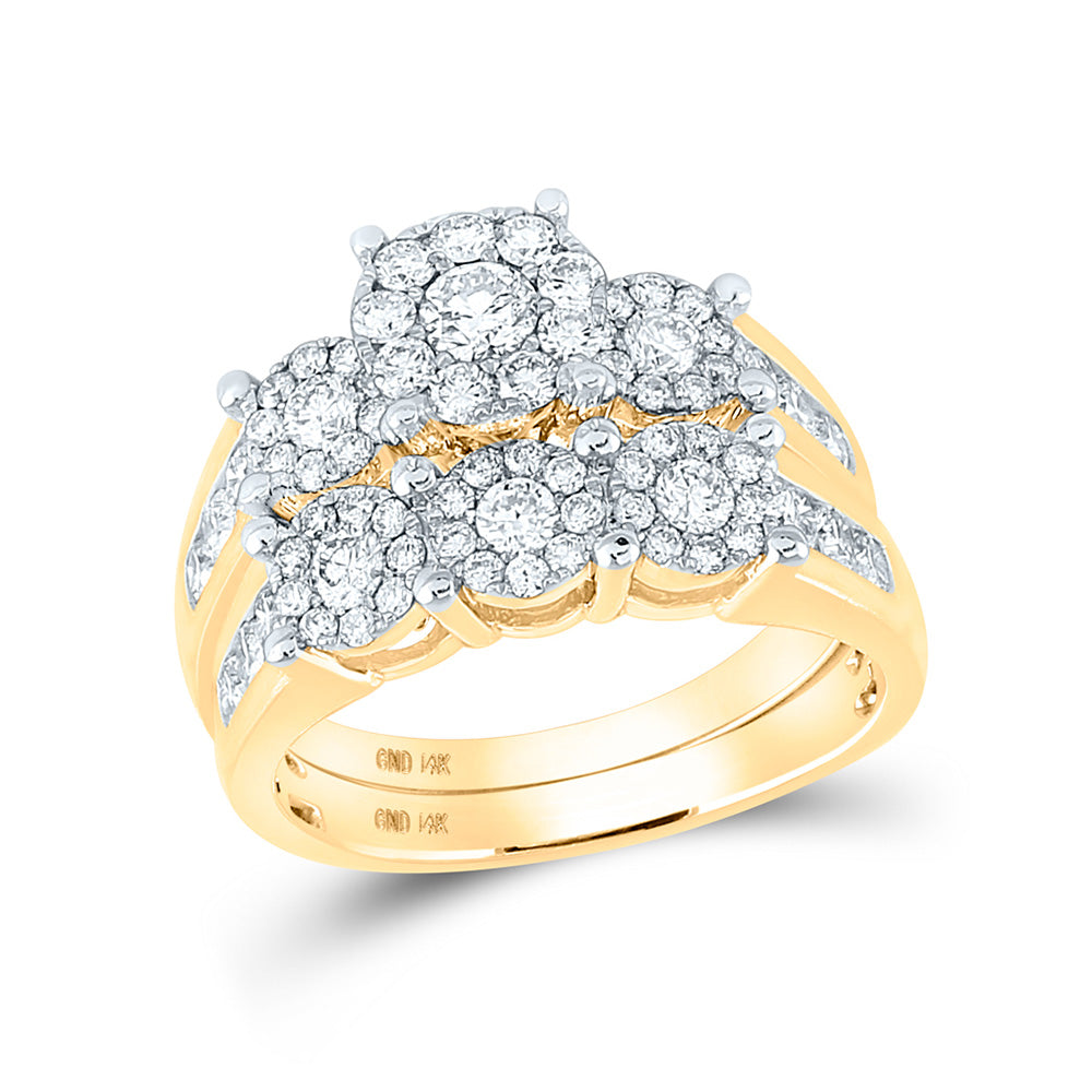 14kt Yellow Gold Round Diamond 3-stone Bridal Wedding Ring Band Set 1-1/2 Cttw