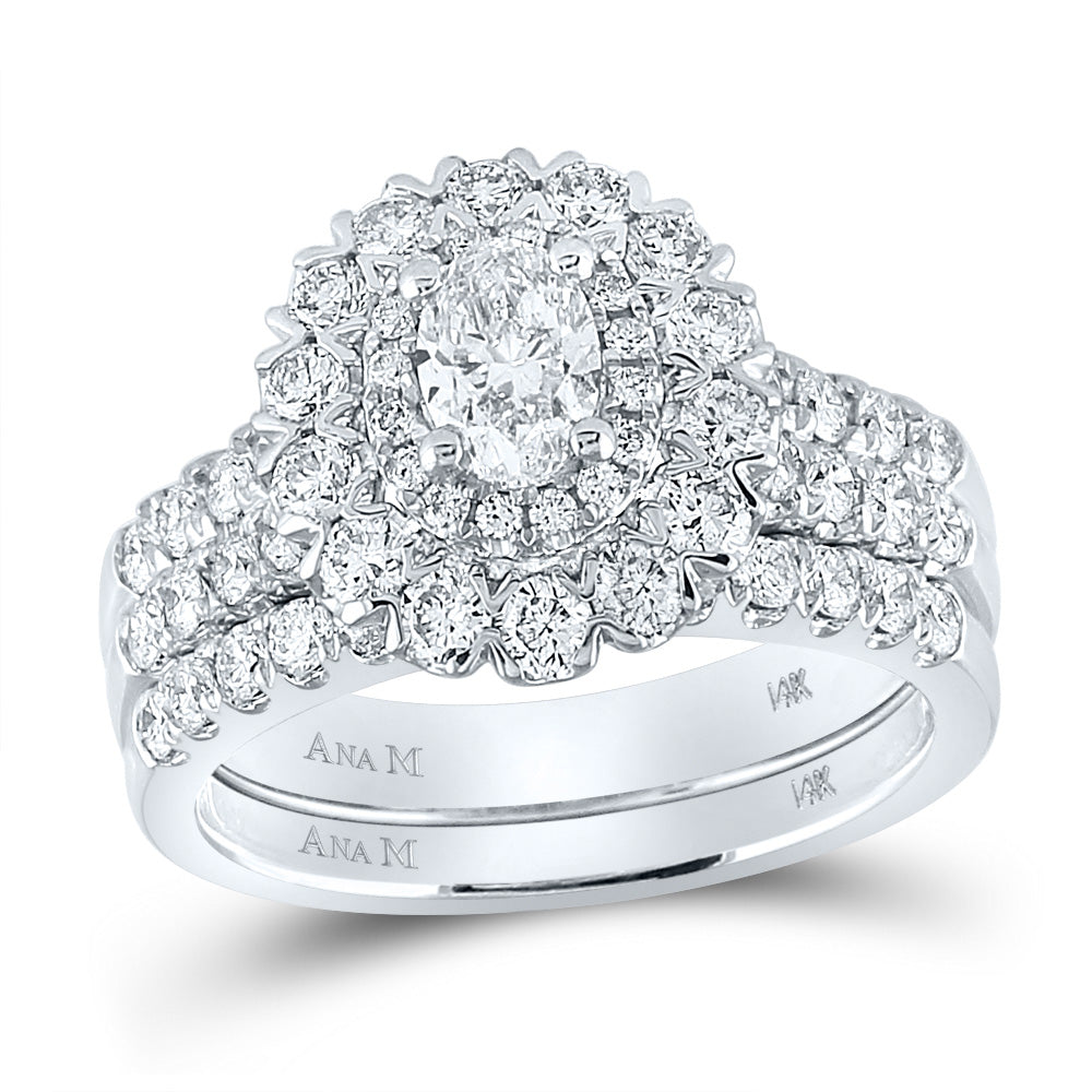 14kt White Gold Oval Diamond Bridal Wedding Ring Band Set 1-7/8 Cttw