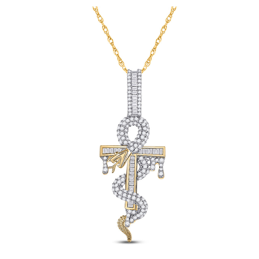 10kt Yellow Gold Mens Baguette Diamond Snake Ankh Cross Charm Pendant 1-1/5 Cttw