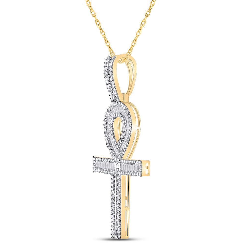 10kt Yellow Gold Mens Baguette Diamond Ankh Cross Charm Pendant 1-5/8 Cttw