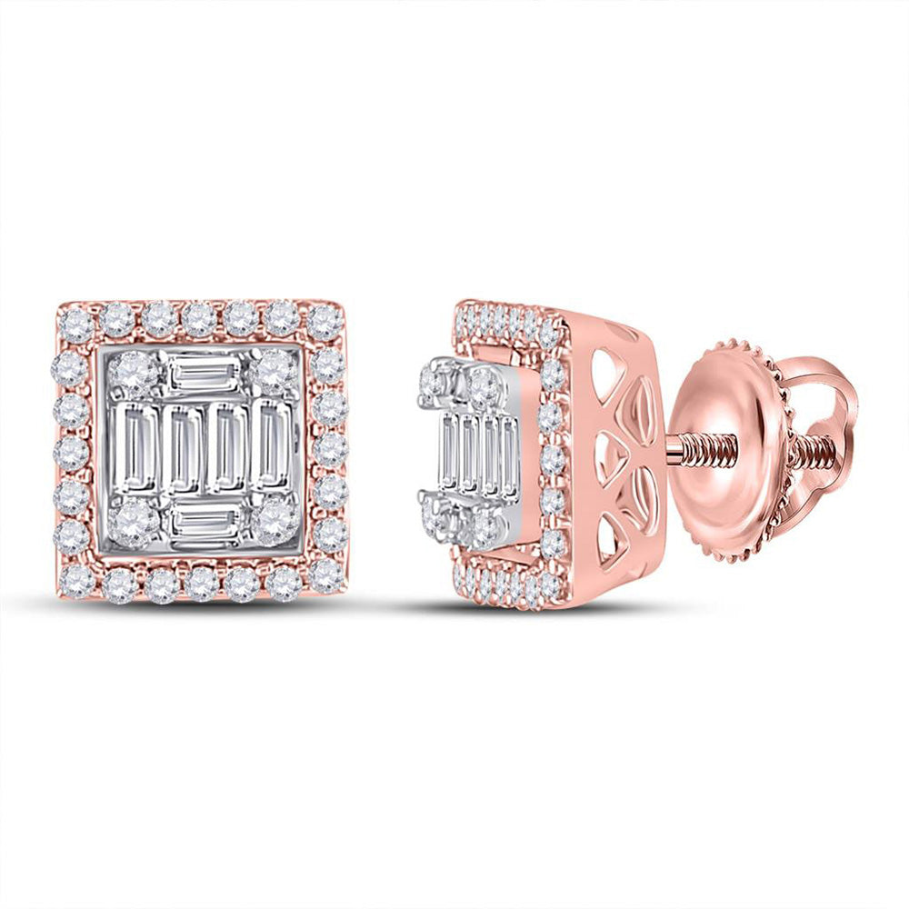 14kt Rose Gold Womens Baguette Diamond Square Cluster Earrings 3/8 Cttw