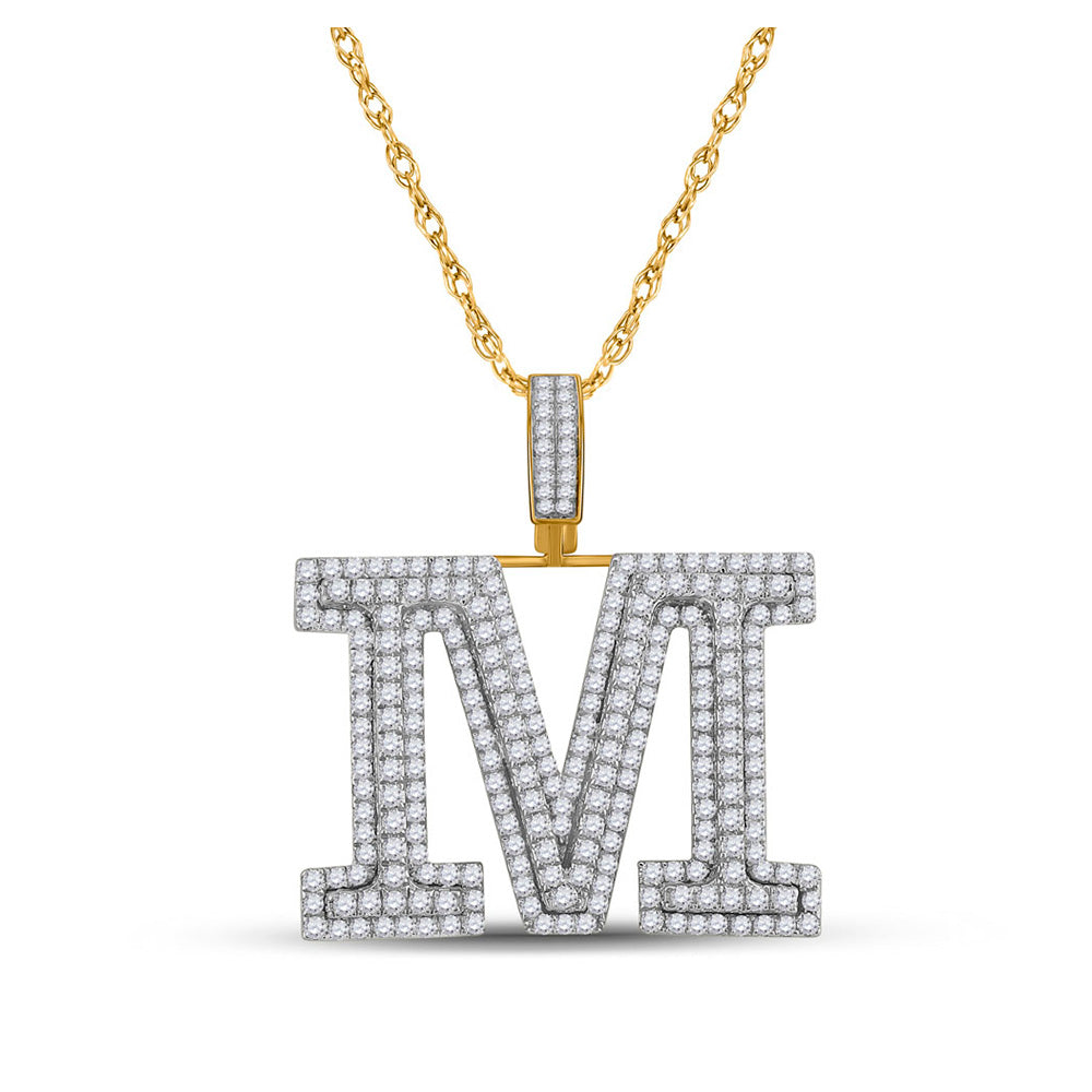 10kt Yellow Gold Mens Round Diamond M Initial Letter Charm Pendant 3-1/5 Cttw