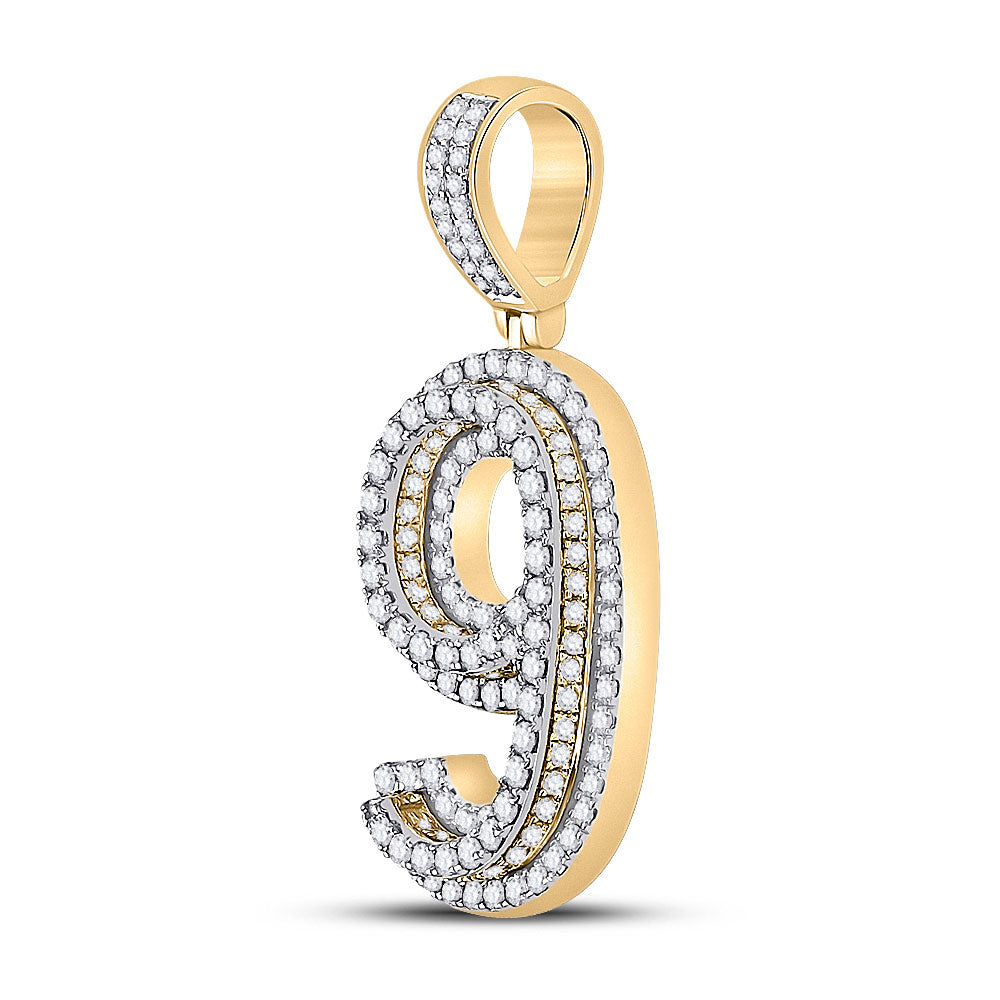 10kt Yellow Gold Mens Round Diamond Number 9 Charm Pendant 1-5/8 Cttw