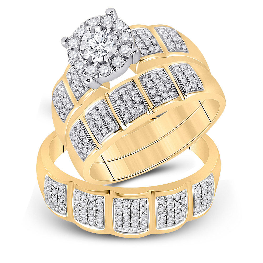 10kt Yellow Gold His Hers Round Diamond Halo Matching Wedding Set 7/8 Cttw