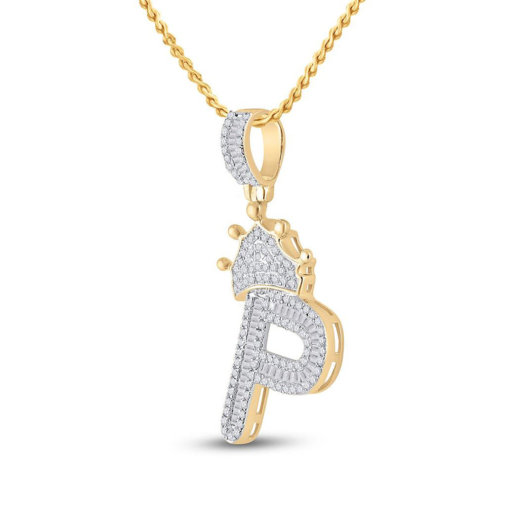 10kt Yellow Gold Mens Baguette Diamond Crown P Letter Charm Pendant 5/8 Cttw