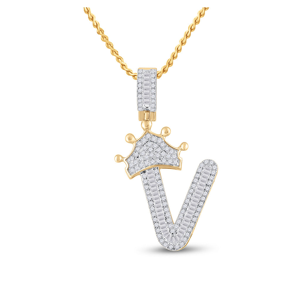 10kt Yellow Gold Mens Baguette Diamond Crown V Letter Charm Pendant 5/8 Cttw