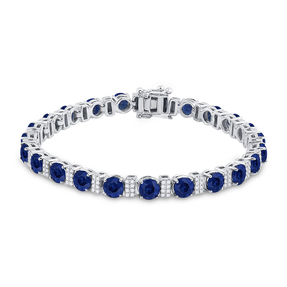 14kt White Gold Womens Round Blue Sapphire Diamond Tennis Bracelet 15-1/4 Cttw