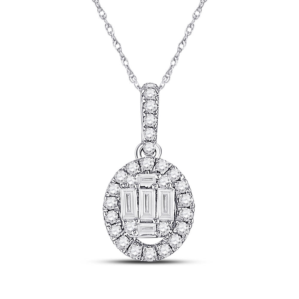 14kt White Gold Womens Baguette Diamond Oval Pendant 1/3 Cttw