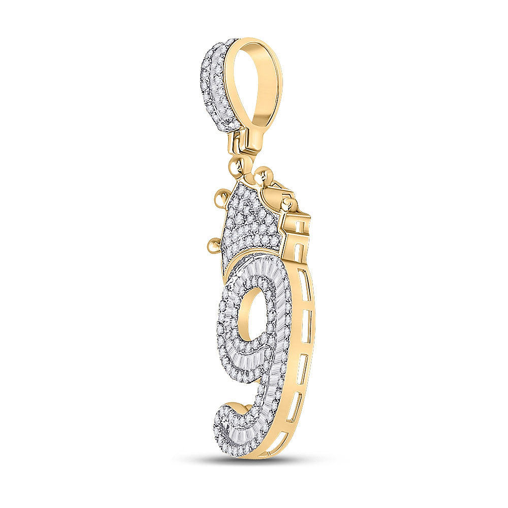 10kt Yellow Gold Mens Round Diamond Number 9 Crown Charm Pendant 3/4 Cttw