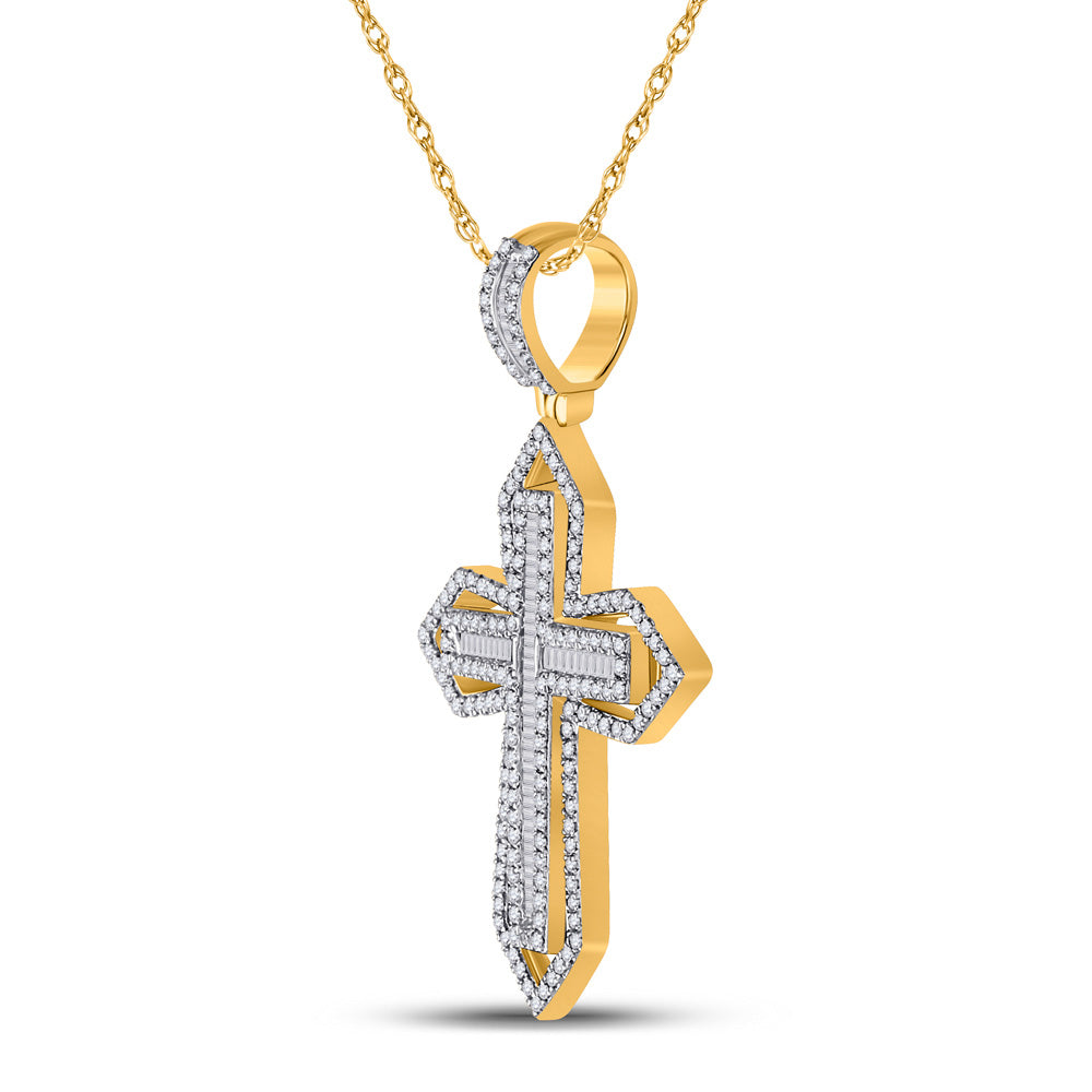 14kt Yellow Gold Mens Baguette Diamond Cross Charm Pendant 7/8 Cttw