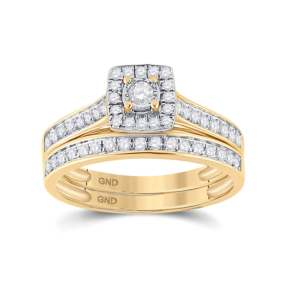 10kt Yellow Gold Round Diamond Halo Bridal Wedding Ring Band Set 1/2 Cttw