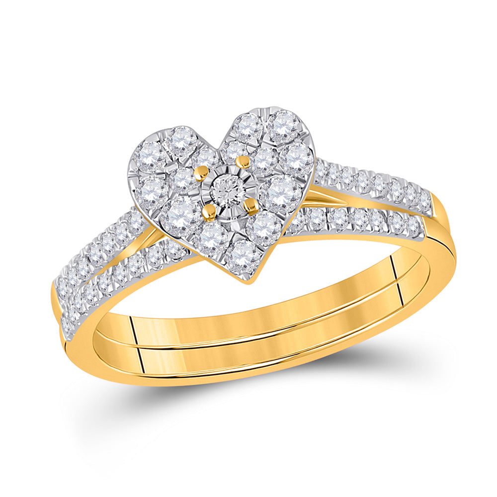 10kt Yellow Gold Round Diamond Heart Bridal Wedding Ring Band Set 1/2 Cttw