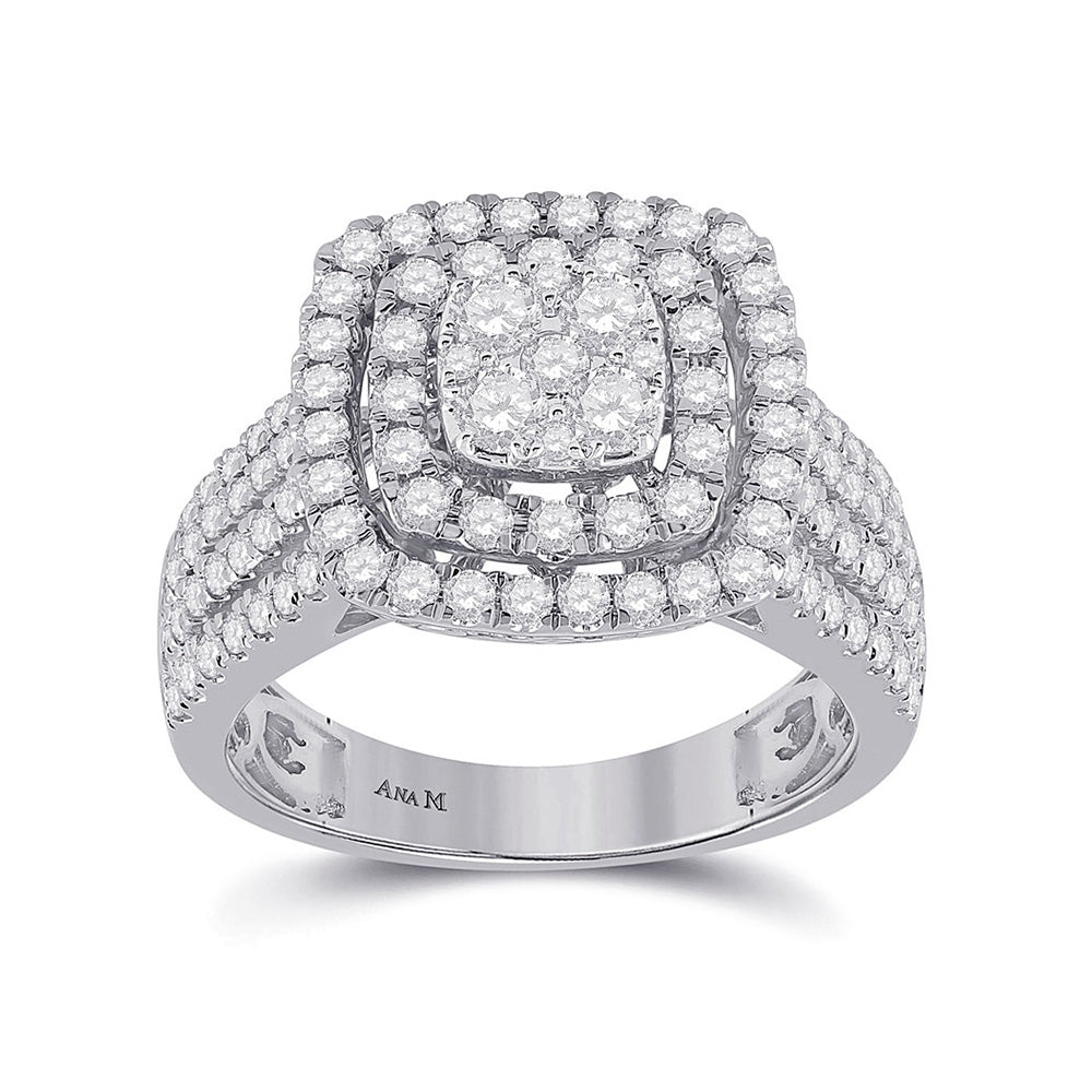 14kt White Gold Womens Round Diamond Square Cluster Ring 1-1/2 Cttw