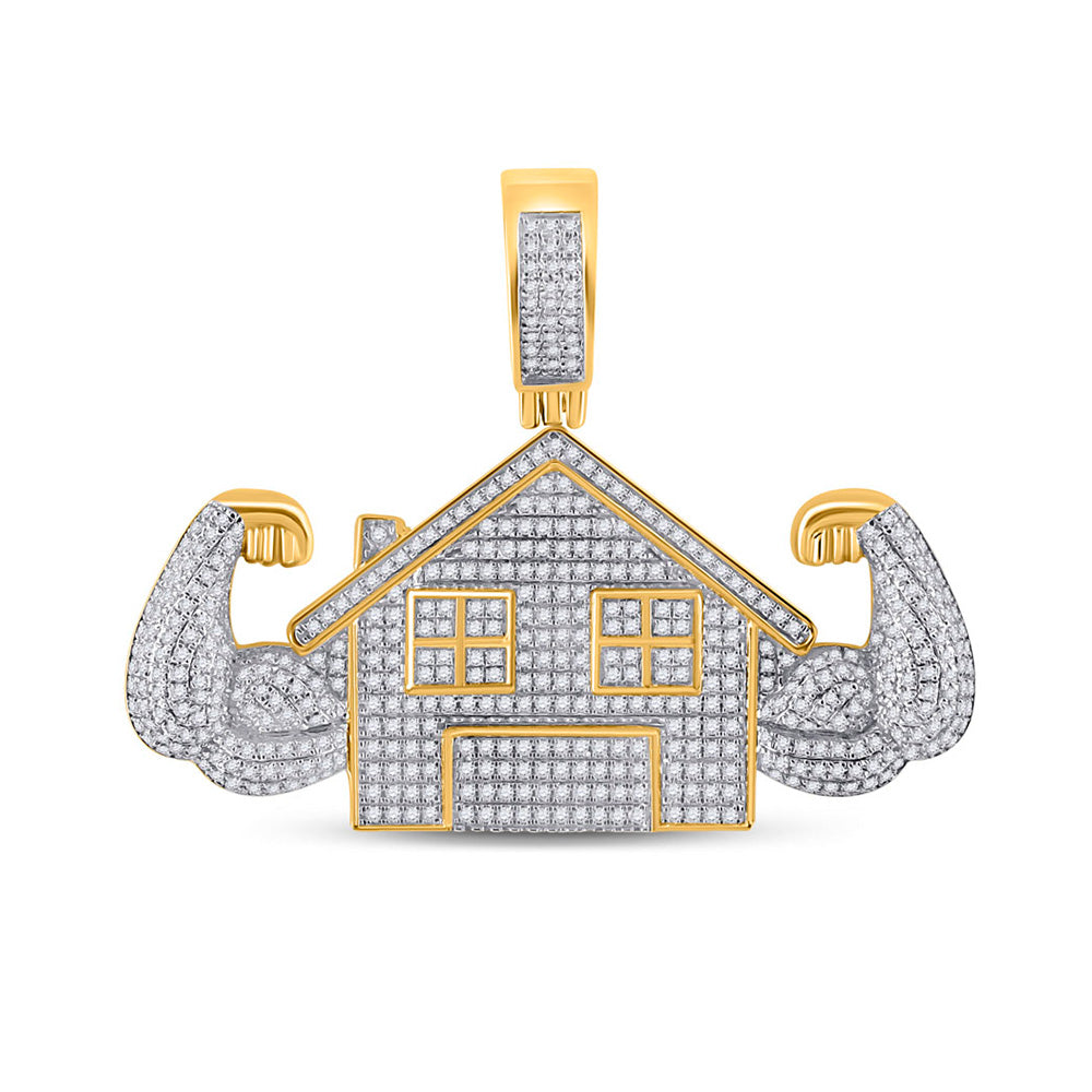 10kt Yellow Gold Mens Round Diamond Flex Trap House Charm Pendant 1-1/2 Cttw