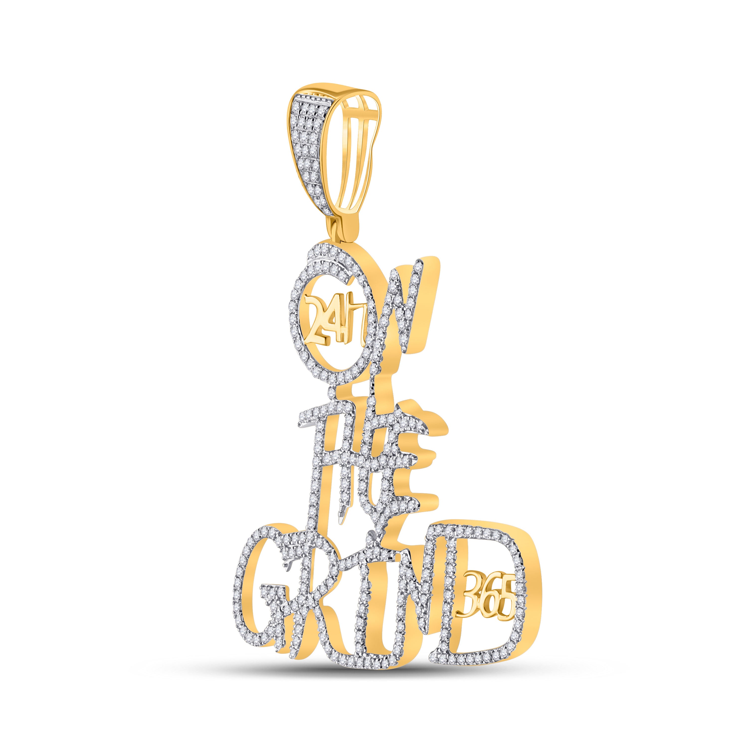 10kt Yellow Gold Mens Round Diamond On The Grind Phrase Charm Pendant 3/4 Cttw