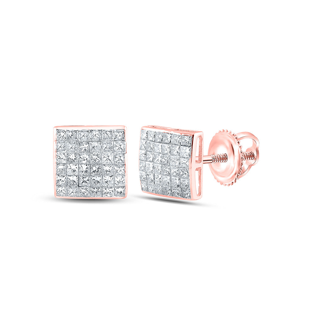 14kt Rose Gold Womens Princess Diamond Square Earrings 1-1/2 Cttw