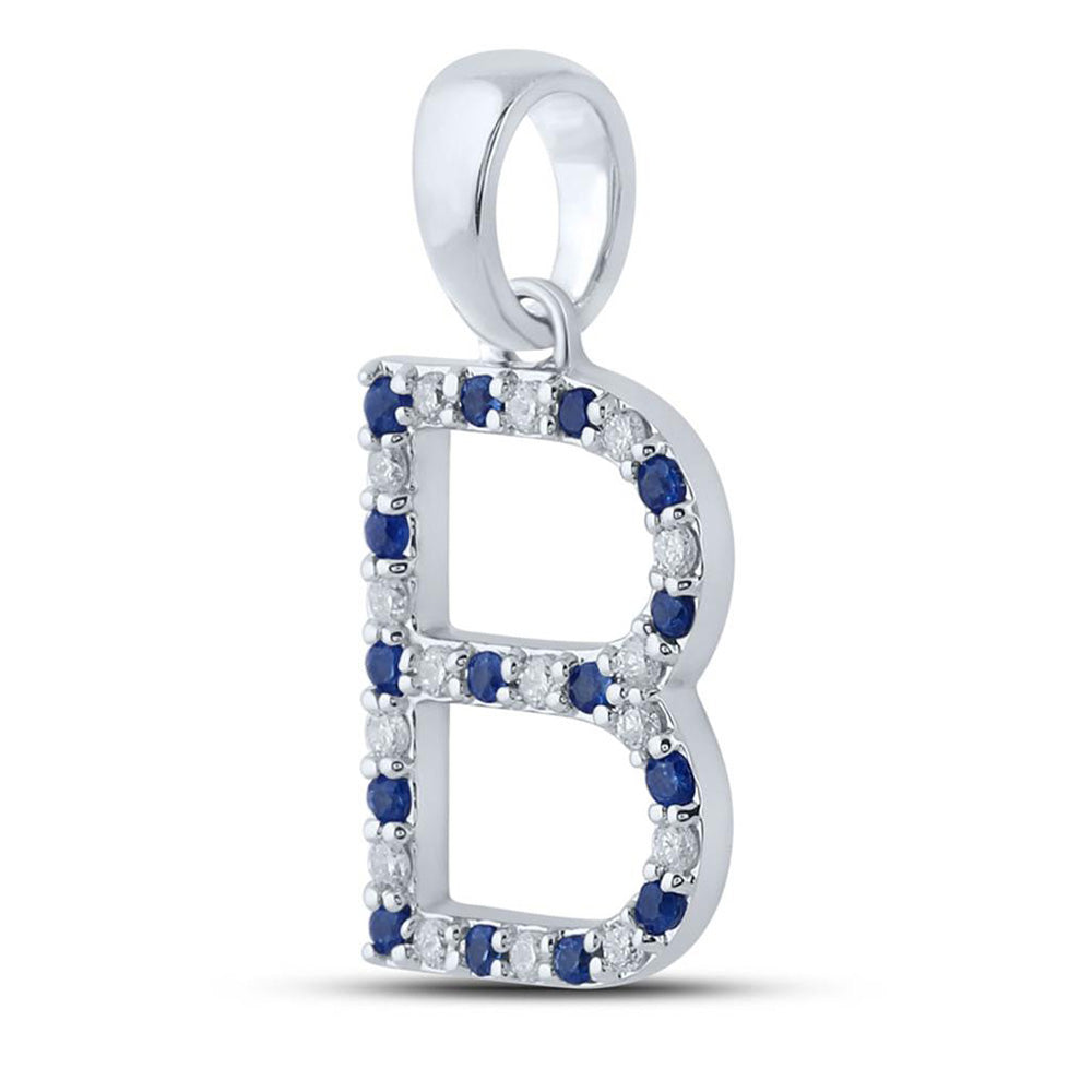 10kt White Gold Womens Round Blue Sapphire Diamond B Letter Pendant 1/4 Cttw