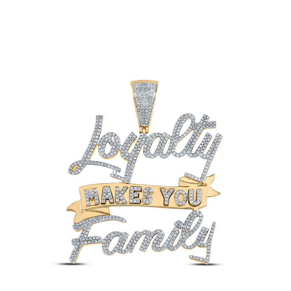 10kt Yellow Gold Mens Round Diamond Loyalty Makes You Family Phrase Charm Pendant 1-5/8 Cttw