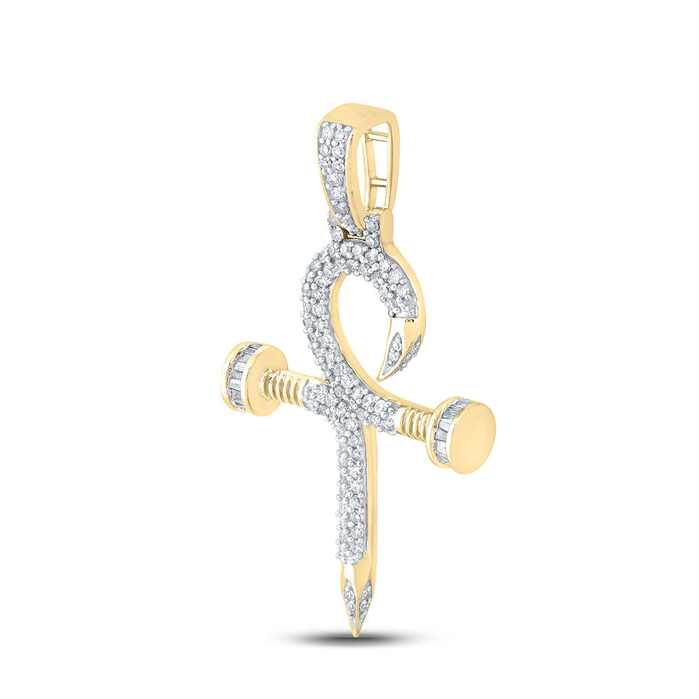 10kt Yellow Gold Mens Baguette Diamond Nail Cross Ankh Charm Pendant 3/4 Cttw