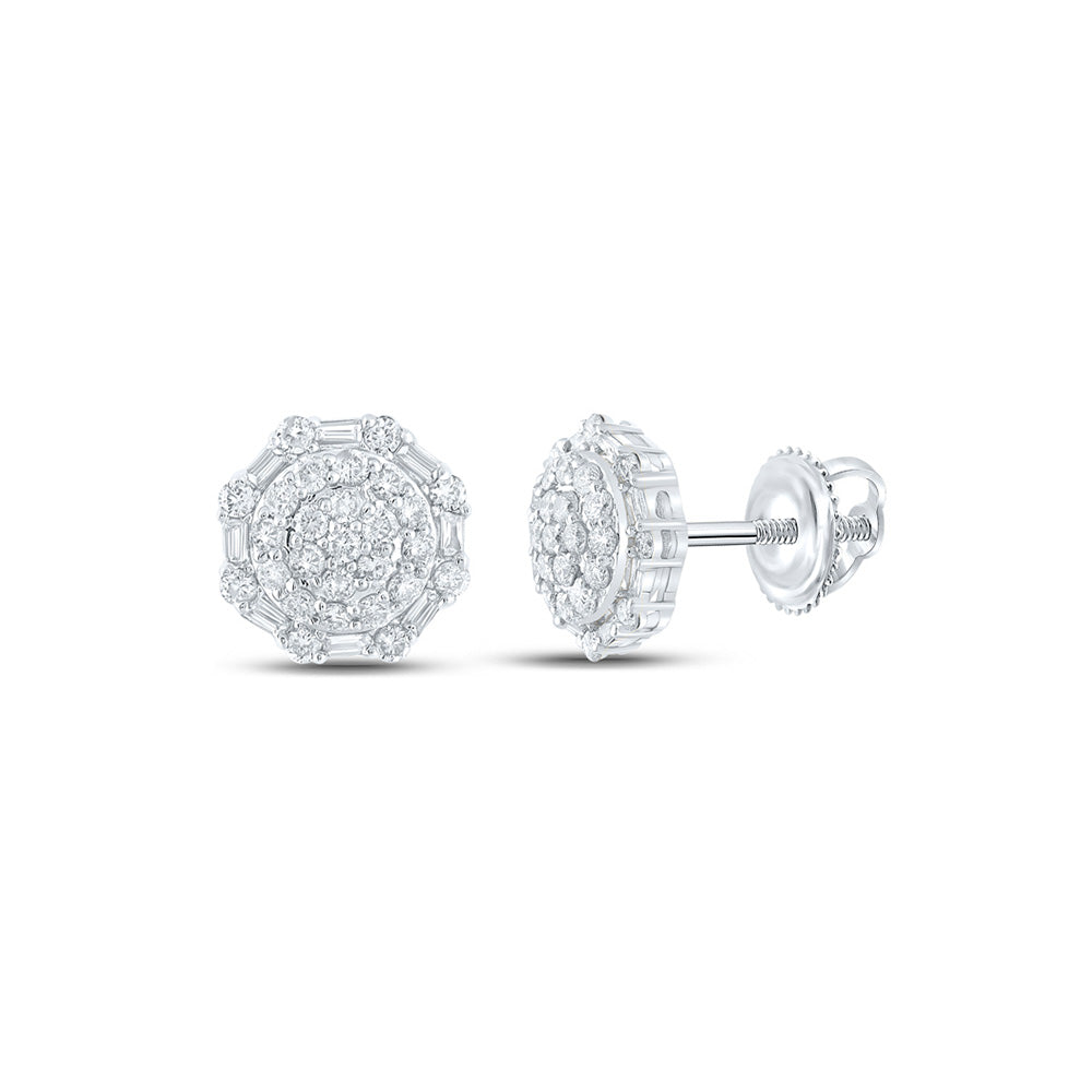 10kt White Gold Baguette Diamond Octagon Cluster Earrings 5/8 Cttw