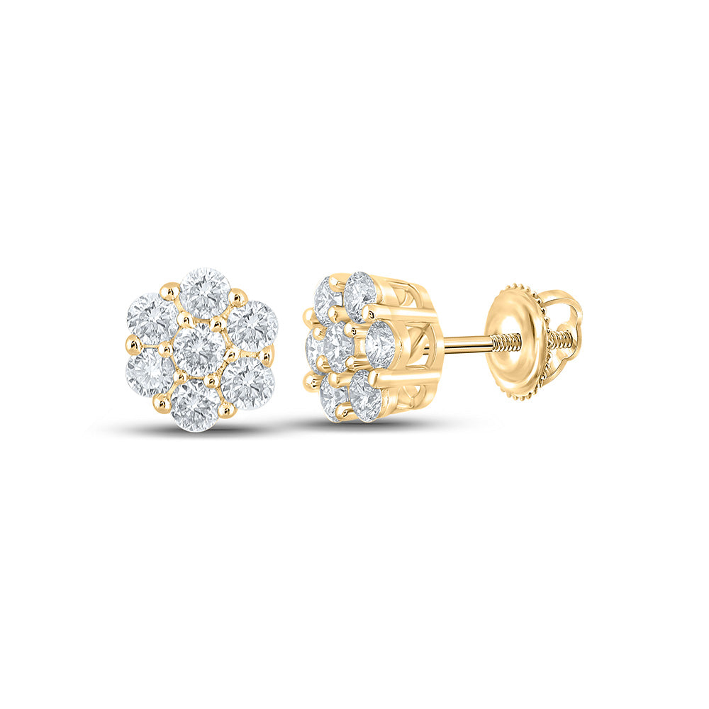 10kt Yellow Gold Round Diamond Flower Cluster Earrings 1/2 Cttw