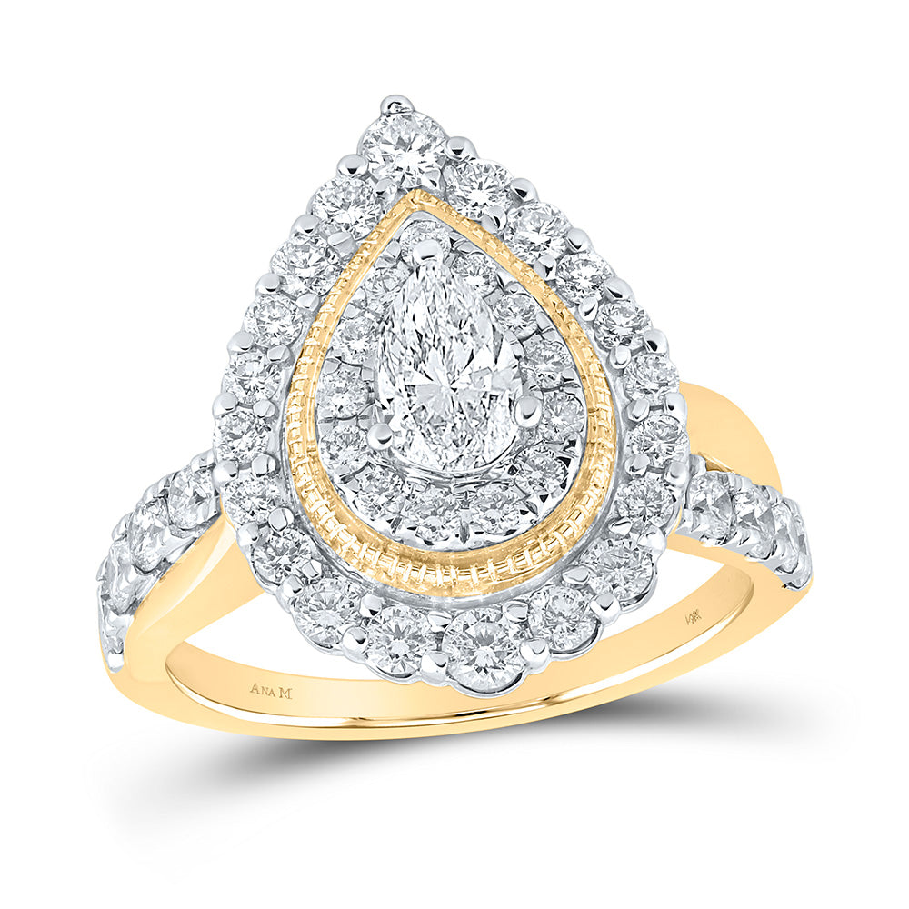 Gold Halo Bridal Wedding Engagement Ring 1-1/2 Cttw Pear Natural Diamond Womens (6.63 grams)